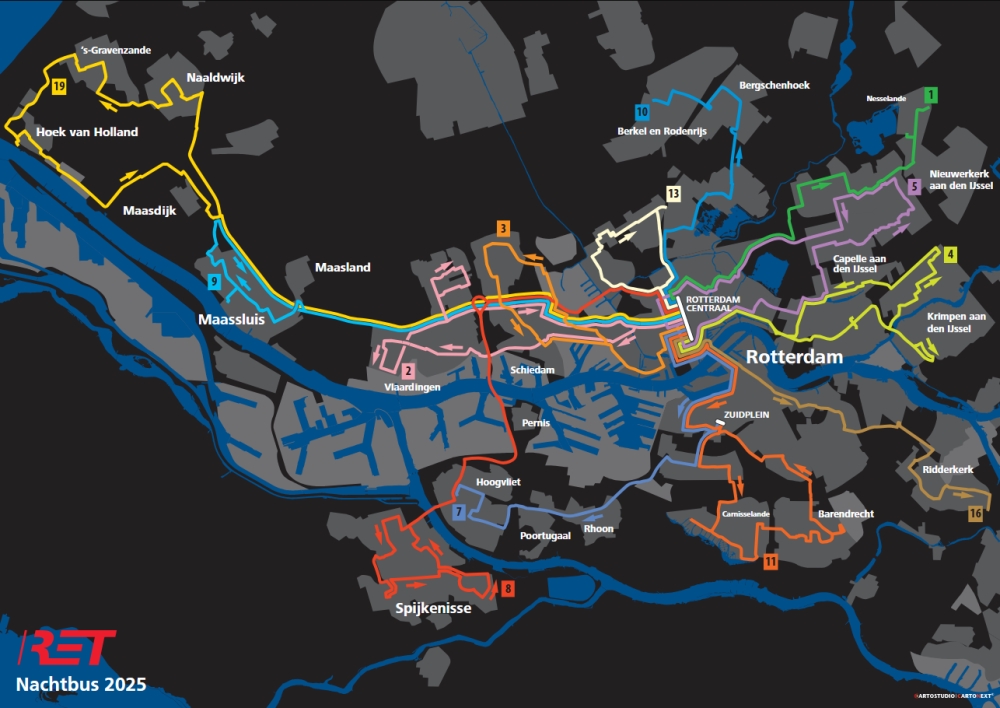 De verschillende nachtbus-lijnen in de regio