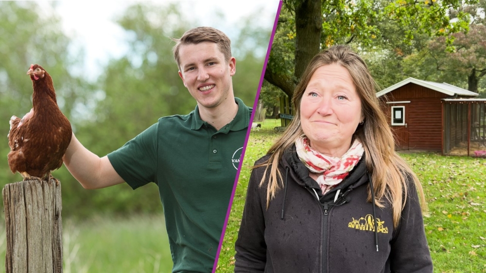 Pluimveehouder Stijn Zonneveld (links) en Kirsten Meijer van kinderboerderij 't Hoefblad (rechts)