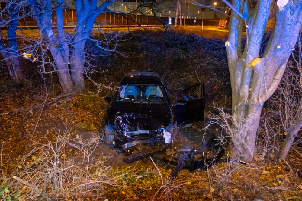 Auto vliegt van afrit tegen boom, inzittenden gaan ervandoor
